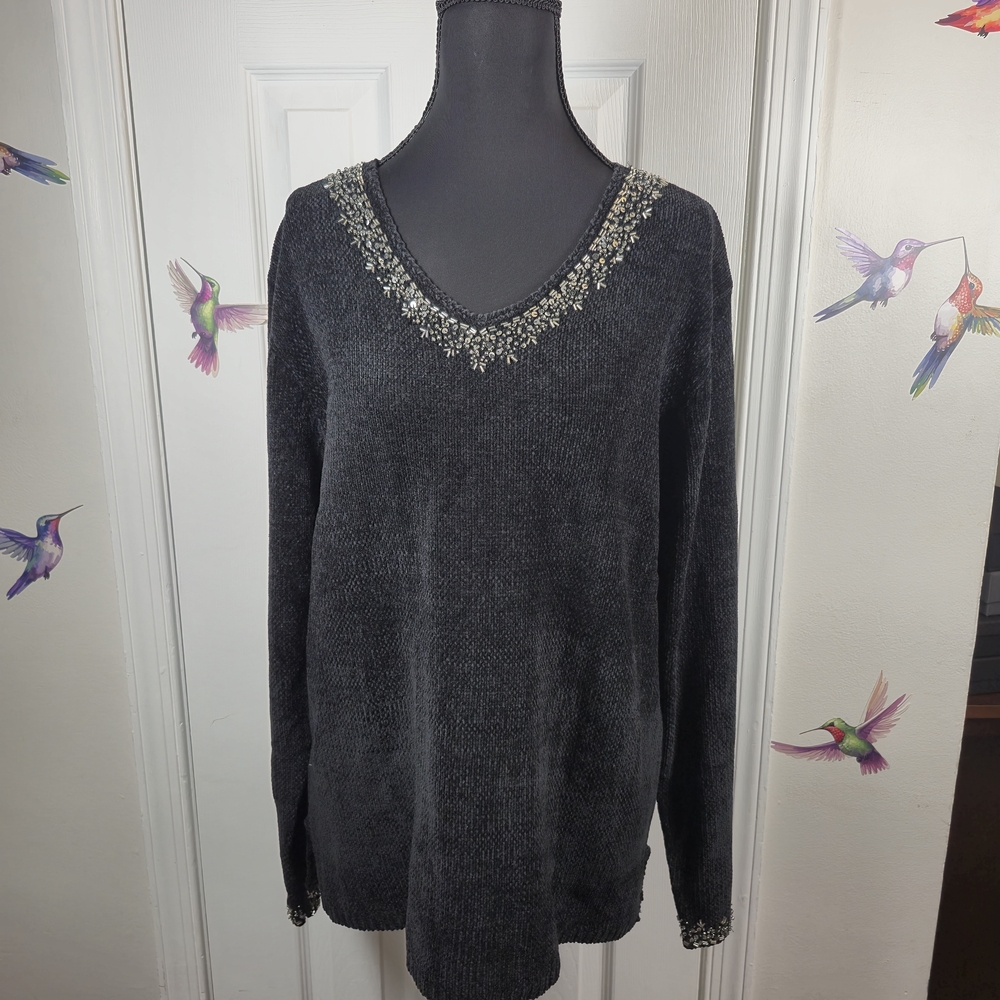 Stitches Black & Charcoal Beaded Sequin V-Neck Pullover Sweater M